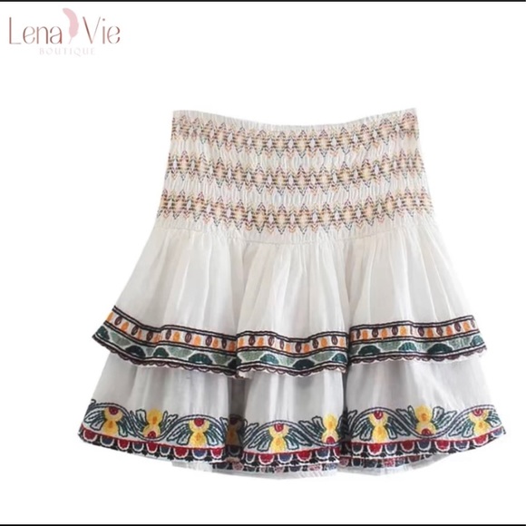 Boho Summer Embroidered Flared Kimono 2 Piece Skirt Set, Cotton Floral Koi Print - Picture 8 of 11